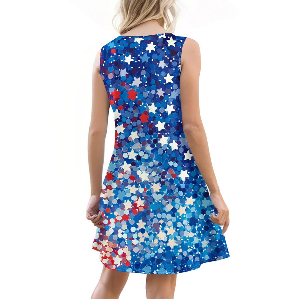 Women's Summer Dress Sleeveless Independence Day Print Sundress With Pocket