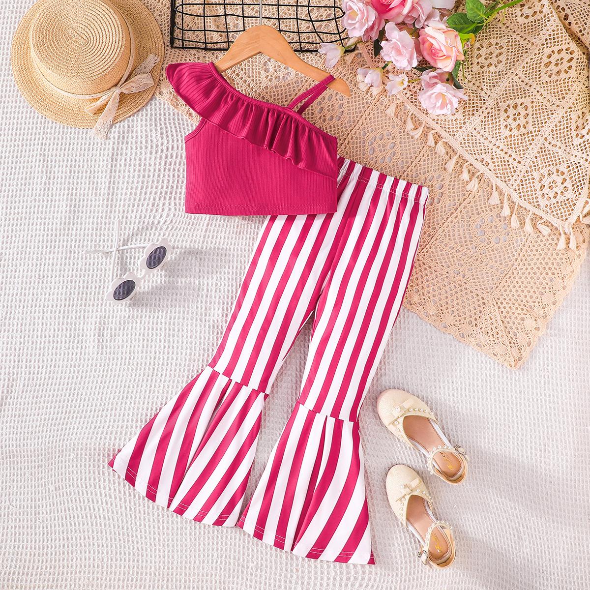 

Девочки однотонный топ халтер + полосатые расклешенные брюки повседневный костюм летний детский модный костюм 6Y