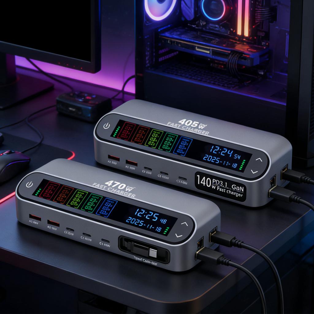 Fast Charger Station With Color Screen Display And 65W Retractable Cable Supports Multiple Devices Simultaneous Charging