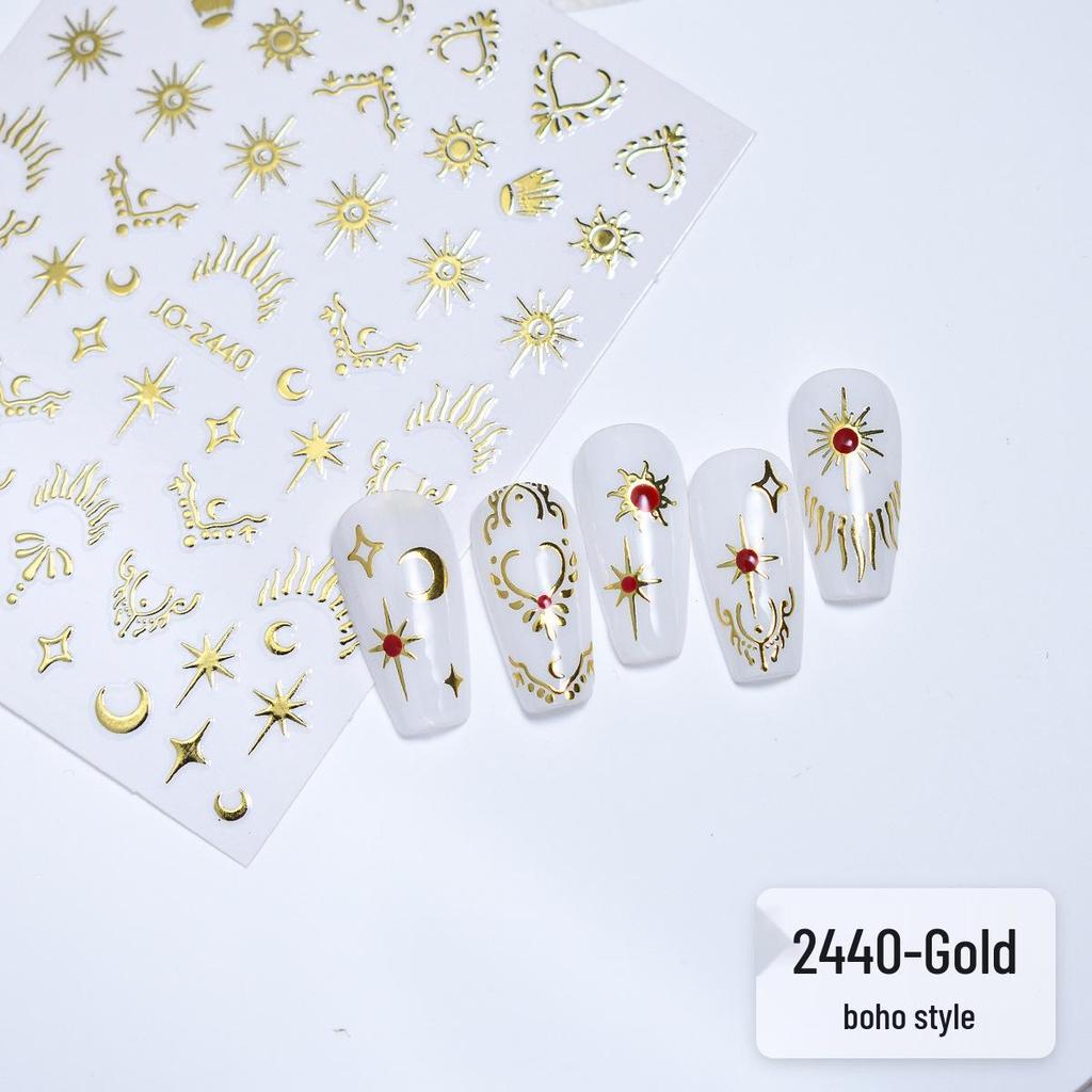 Metallic Star & Moon Nail Art Stickers (Gold & Silver) - Hollow Heart, Moon, Four-Pointed Star Design
