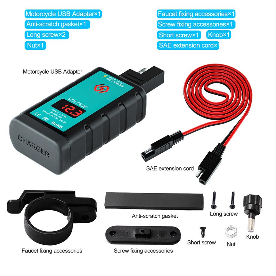 Motorcycle USB+Type-C QC3.0 Fast Charger with Voltmeter  integrated SAE socket  1 meter double SAE socket cable 12-24V