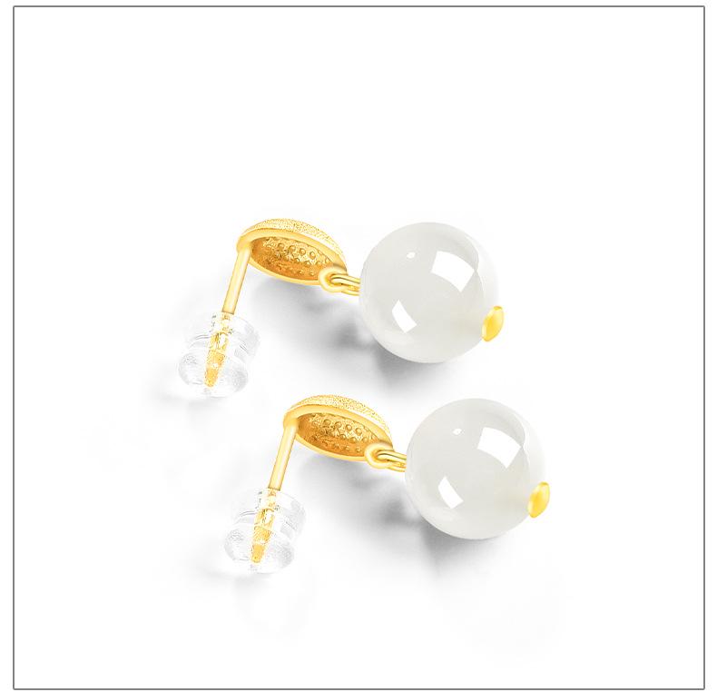 S925 Silver Hotan White Jade Round Bead Earrings for Women - Simple, Luxurious Design