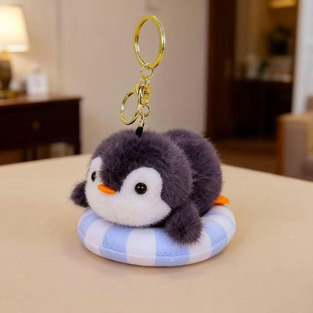 Cute Marine Animal Plush Keychain - Penguin & Dolphin Inflatable Ring Toy Pendant.