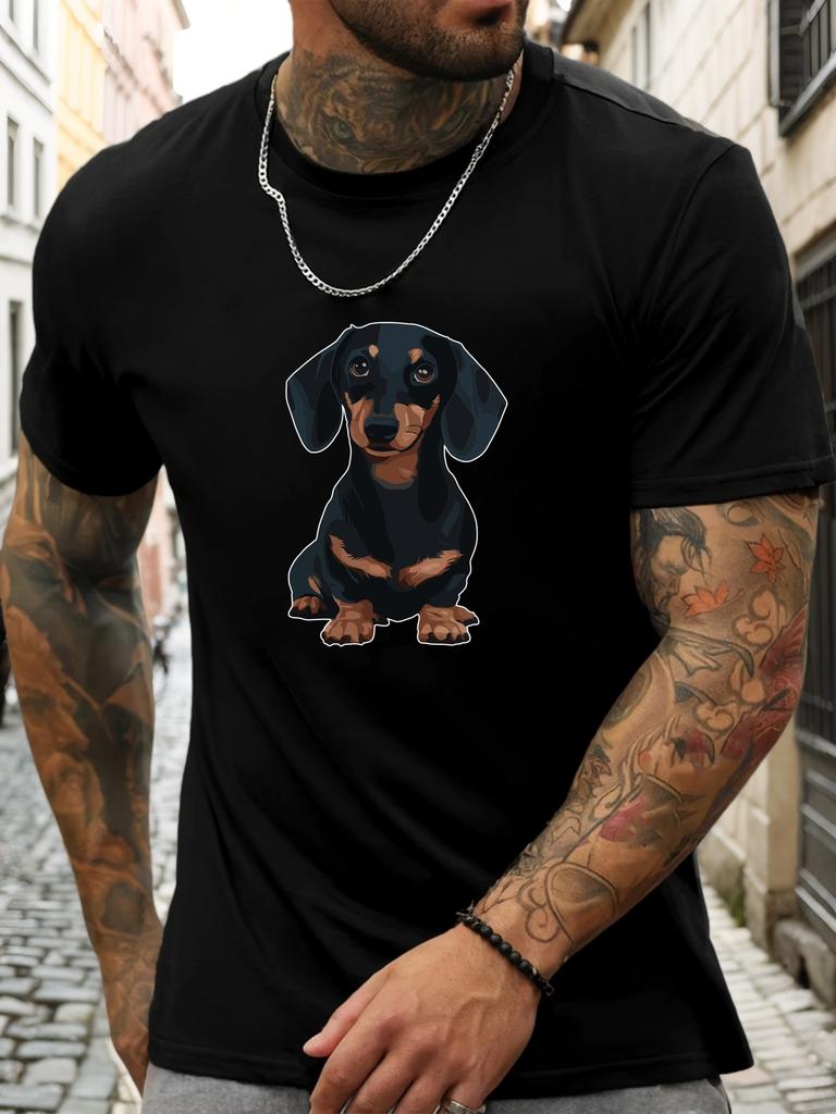 Unisex O Neck Tee Cute Sitting Dachshund Dog Cartoon Print Cotton Short Sleeve Loose Summer Breathable Daily Casual Basic Wear Top