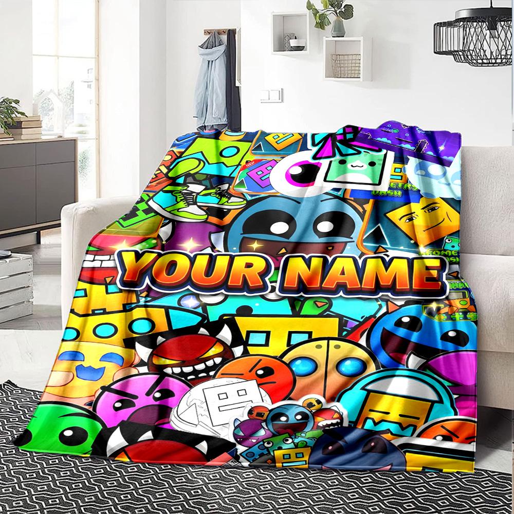 1pc Geometry Dash Blanket with Custom Name, Gift, for Men and Women, Soft Blanket, Good for Sofa Bed Couch Travel, Lightweight Flannel Blanket