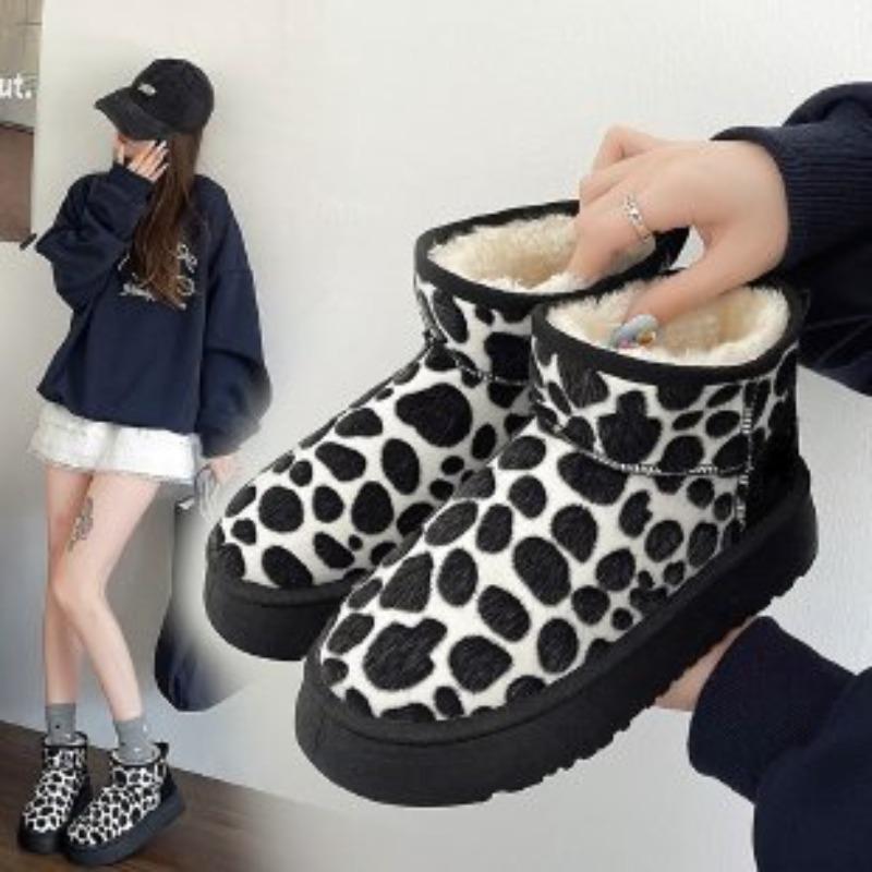 Snow boots women's new winter casual good match thick-soled heightening bread shoes soft leather velvet thickened snow cotton