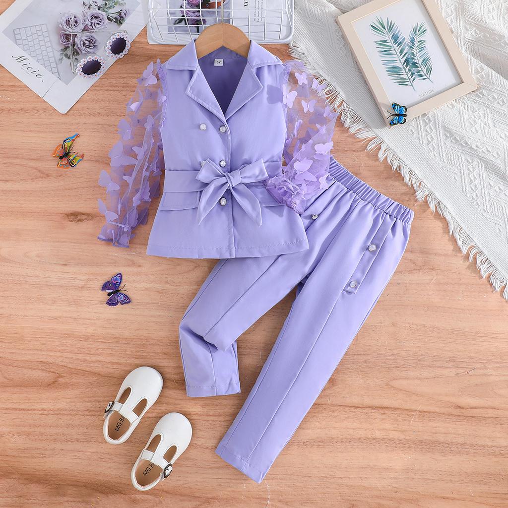 Autumn and Winter New Girls' Long Sleeve Bowknot Mesh Sleeve Blazer and Long Pants Two-Piece Set for Young and Little Girls