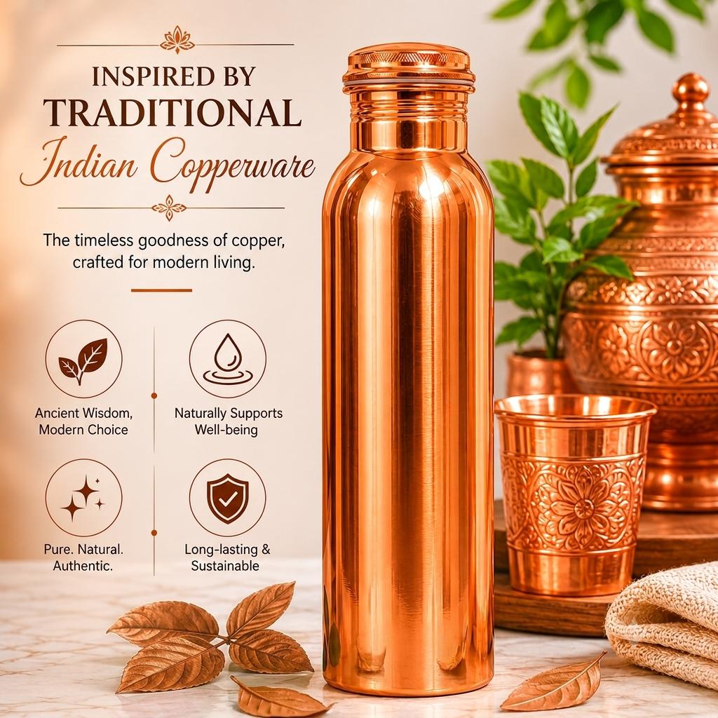 Nirmal Ganga Saf Bakır Şişe Kombosu - Dövülmüş & Düz-1+1 Kombo - Her Biri 1 Litre, Saf Bakır, Mükemmel İhracat Kalitesi