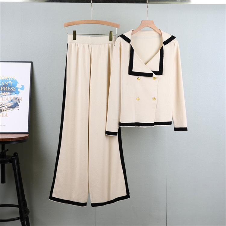 

Осенне-зимний кардиган с длинными рукавами и вязаным лацканом, костюм для женщин, приталенный крой и брюки широкого покроя, комплект из двух предметов OneSize абрикосовый