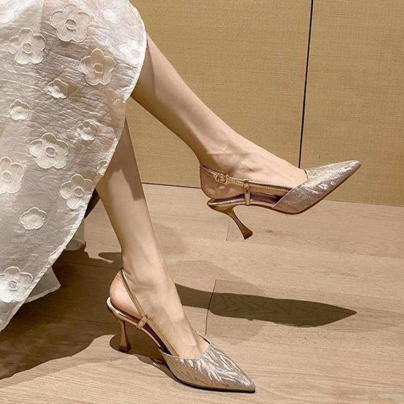 Fashion Summer Pointed Toe Women's Shallow Mouth High Heels French Versatile Stiletto Wrapped Head One Buckle Strap Fashion Sandals