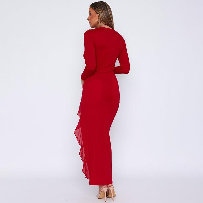 Elegant Deep V-neck High Slit Party Evening Dress Spring Autumn Ruffle Edge Sexy Lace Up Bodycon Dresses Long Sleeved Robe 15