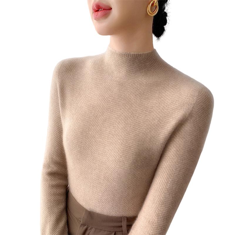Women's Autumn Knit Pullover: Half-High Collar, Long Sleeve, Seamless One-Piece Base Layer Sweater