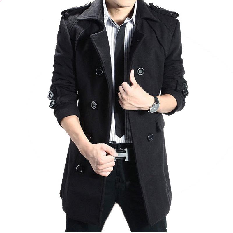 Pánský vlněný větrovkový kabát střední délky s páskem a nárameníkem, model 2023, úzký střih, stylový a všestranný, velikost 3XL