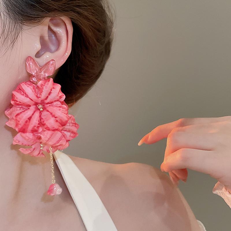Sommer Chiffon Blumen Quasten Ohrringe für Frauen Urlaubsstil Übertrieben Süße Hängeohrringe Schmuck Accessoires Geschenke