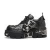 New Gothic Punk Shoes Dark Flame Embroidery Chunky Platform Low Top Women Retro Leather Shoes