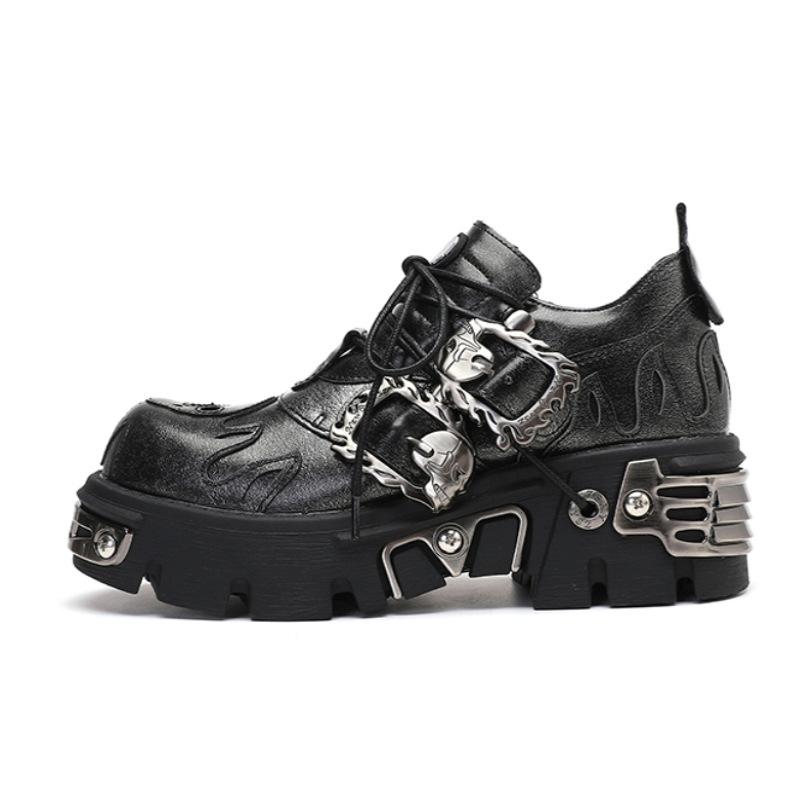 New Gothic Punk Shoes Dark Flame Embroidery Chunky Platform Low Top Women Retro Leather Shoes