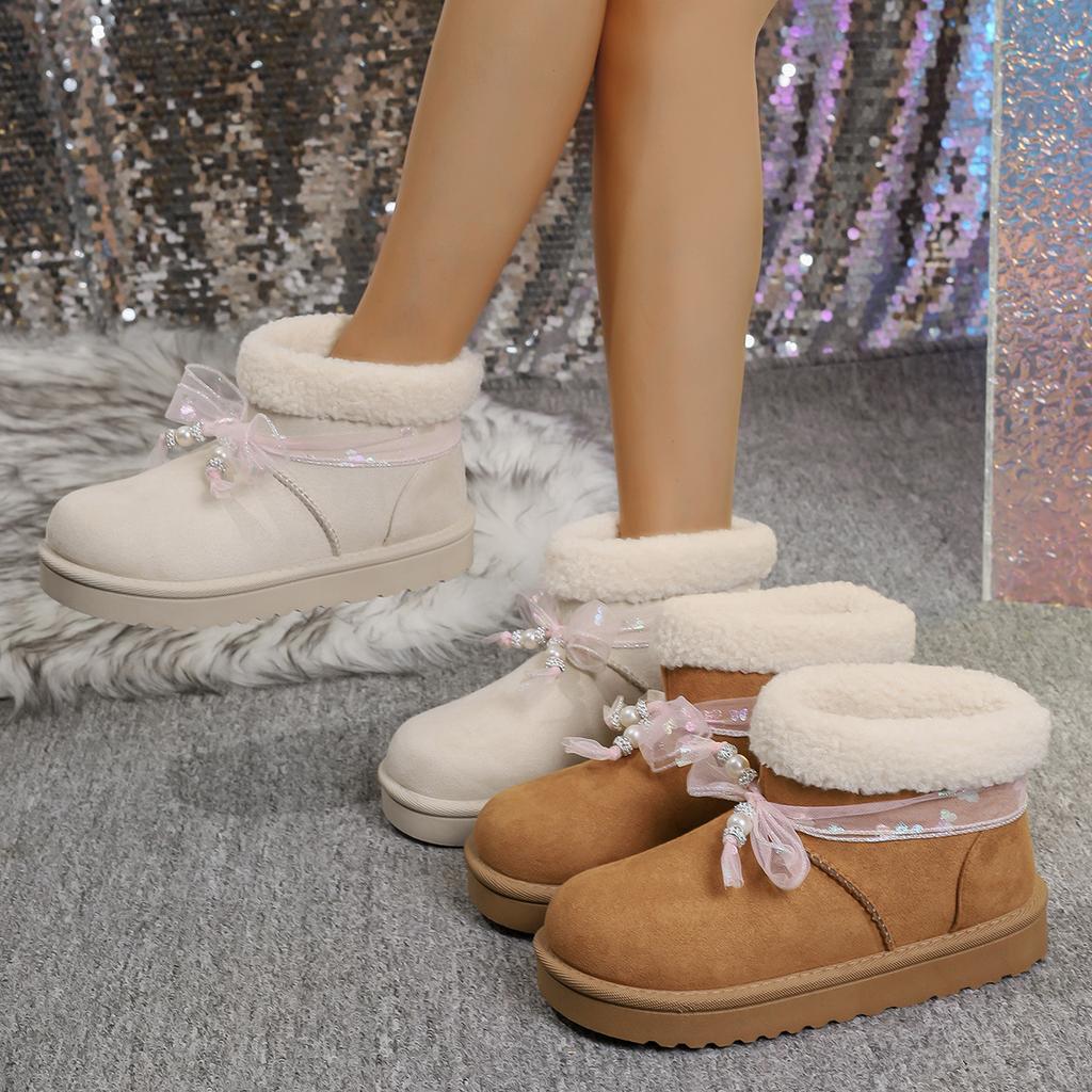 Mote Sløyfe Perledekorasjon Vinter Varm Ankelstøvletter Dame Komfort Tykksåle Platå Fritidssko Bomullspolstret Tykkere Plysj Snøstøvler