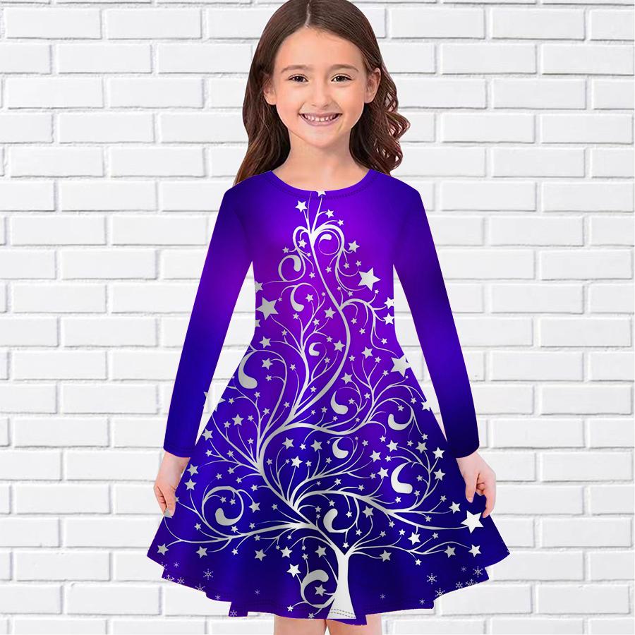 

Повседневное платье для девочек с принтом звезд и рождественской елки, круглым вырезом и длинными рукавами, детское платье принцессы 150 белый