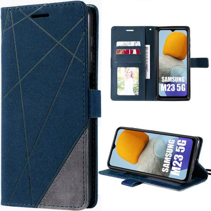 Coque Effet Cuir pour Samsung Galaxy M23 5G Anti-Rayure Stable Élégante Bleu Marine