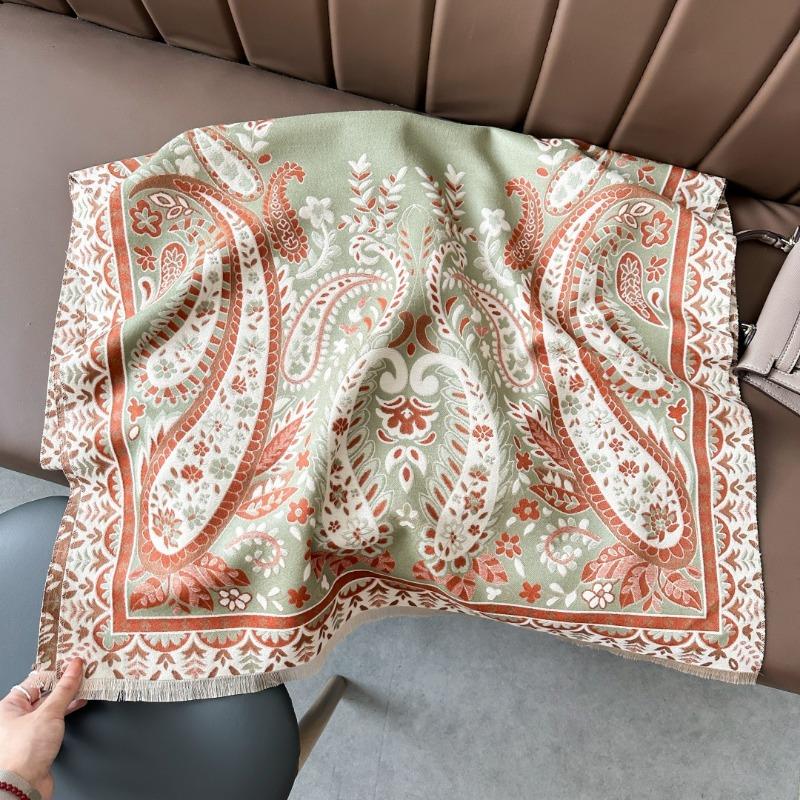Thick Imitation Cashmere Scarf Women's Winter New Double-sided Contrasting Color Jacquard Cashew Flower Retro Shawl