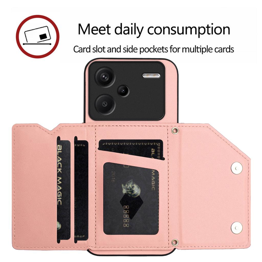For Xiaomi Redmi Note 13 Pro+ 5G Case Card Holder Kickstand Skin-Touch Phone Cover with Wrist Strap