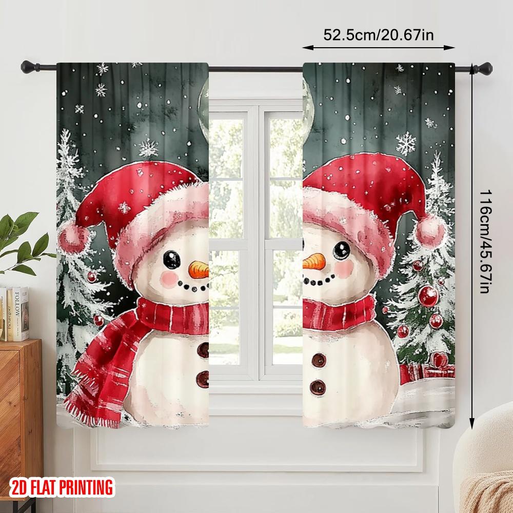 2pcs,2D Plane Printing Print Curtains Cute Snowman Couple Christmas (4) Durable Polyester (without Rod) Versatile All Ldeal for