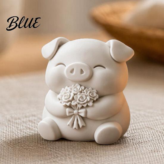 3D Printed Pig Sculpture Cute Figurine, Small Holding Flower Bouquet Hand-feel Delicate Statue, Collectible Animal Ornament for Home Kitchen