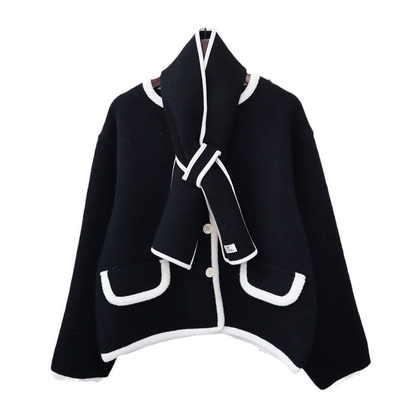 With scarf knitted double-sided cardigan autumn and winter new temperament design sweater jacket women