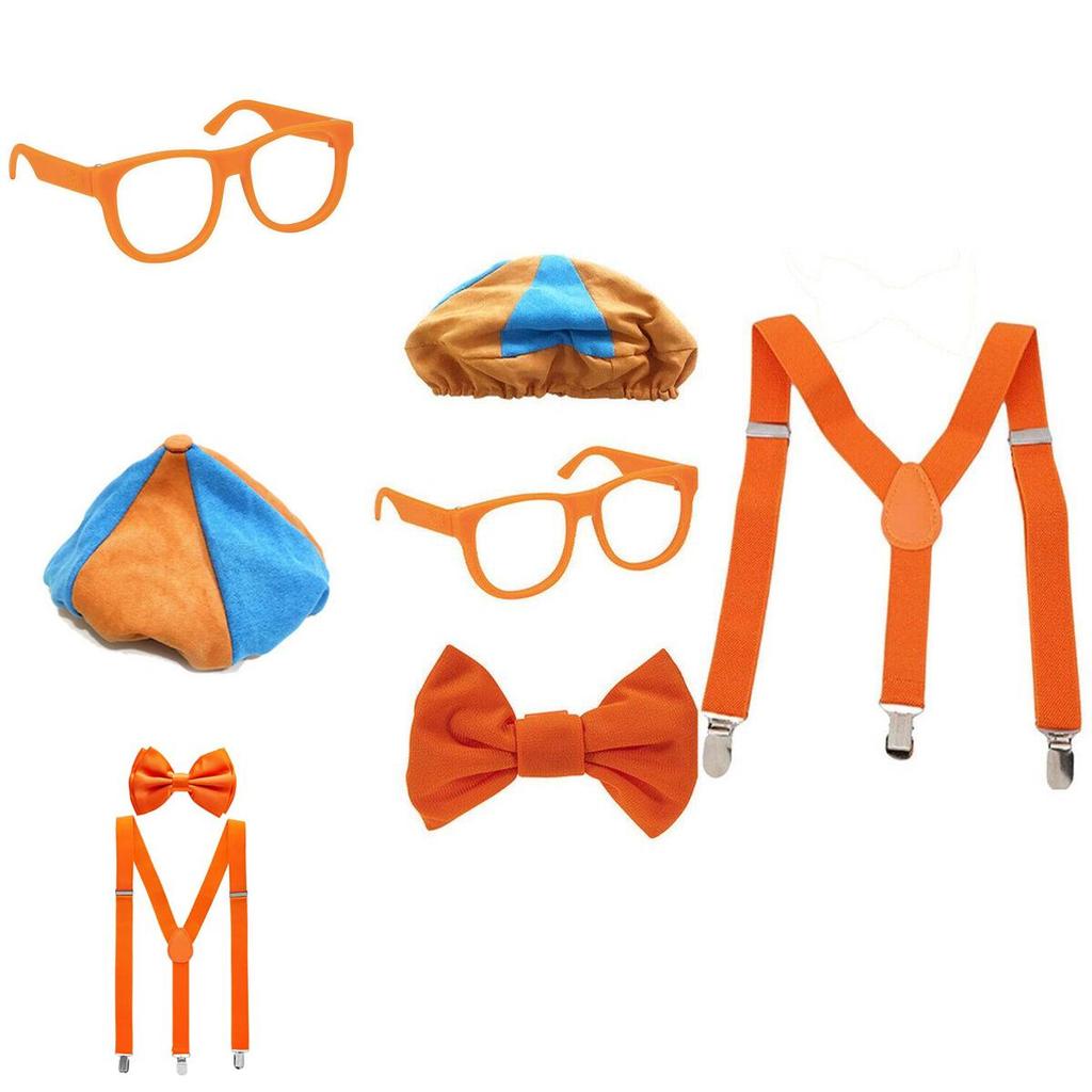 Disfraz de Blippi con tirantes ajustables de color naranja brillante y sombrero