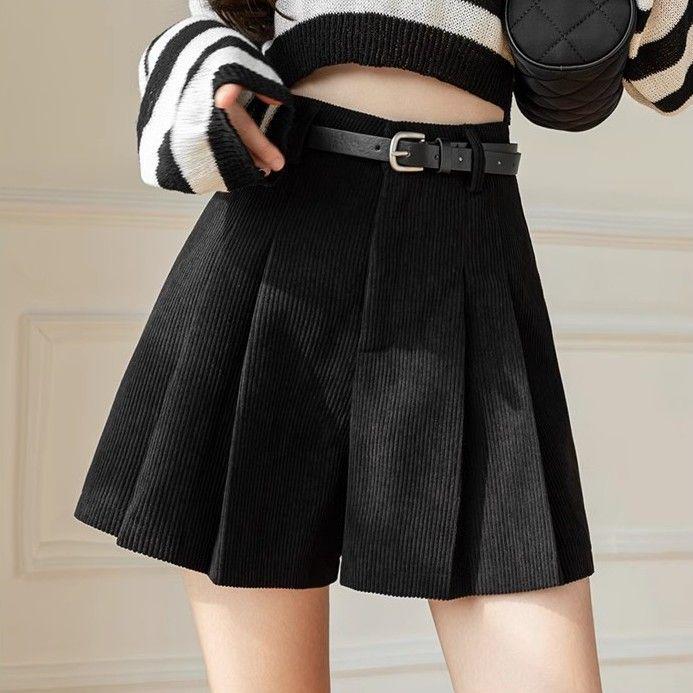 2023 Autumn/Winter Women's Plus Size High Waist Corduroy A-Line Wide-Leg Pleated Shorts