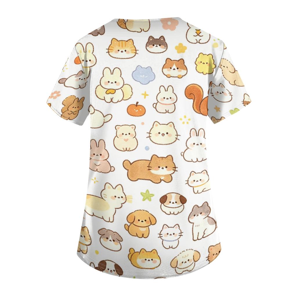 Women's V Neck Short Sleeve Work Top with Pockets Animal Print Scrub Shirt for Healthcare Professionals Medical Uniform