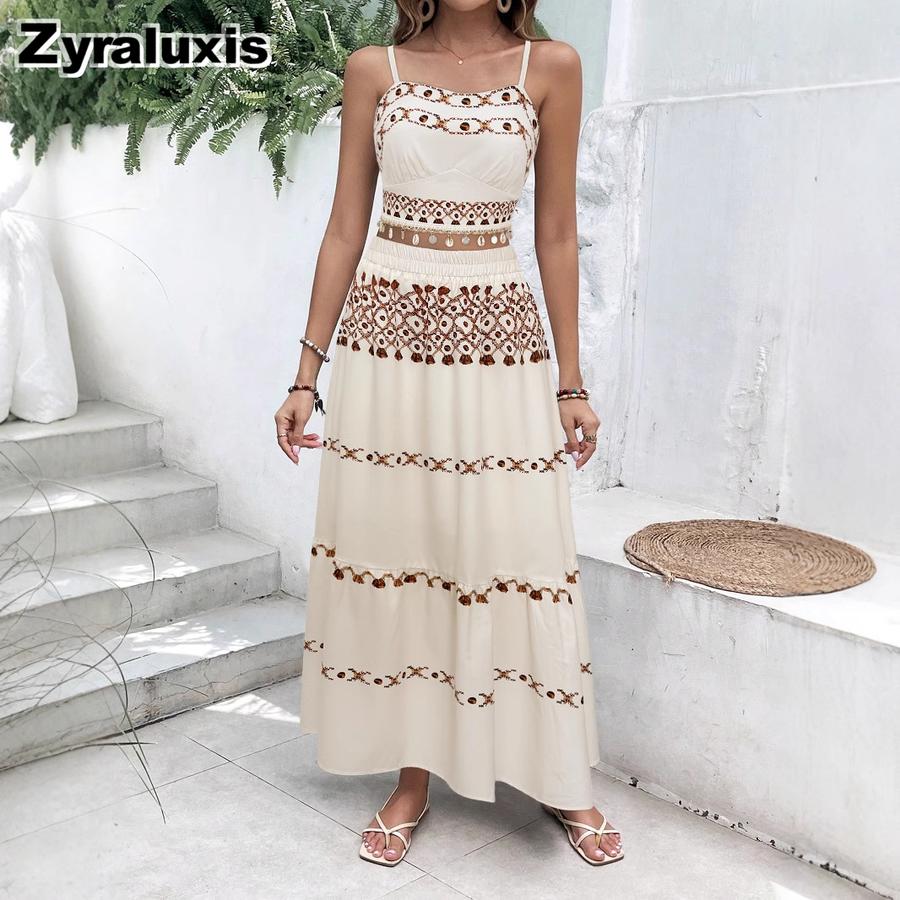 Bohemian Vacation Printed Beach Women s Set Ruffled Ribbon Crop Top and Skirt Two Piece Outfit M белый
