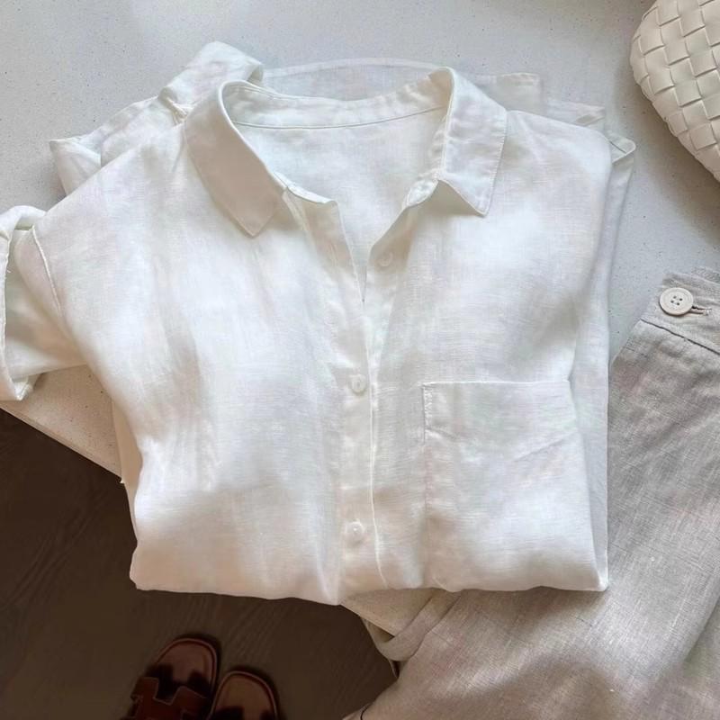 Women's Early Autumn White Linen High-End Long Sleeve Shirt - Slimming, Loose Fit, Cotton-Linen Blend