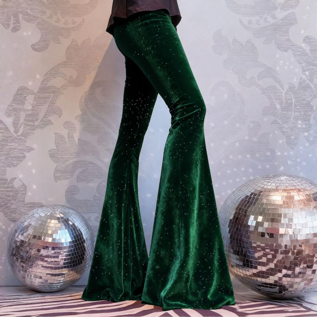 Women's Fashionable Color Vintage Velvet Flare Pants High Waist Stretchy Pant Casual Bell Bottom