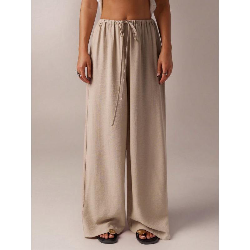 Women Casual Loose Solid Color Low Waist Wide Leg Straight Floor Length Long Pants