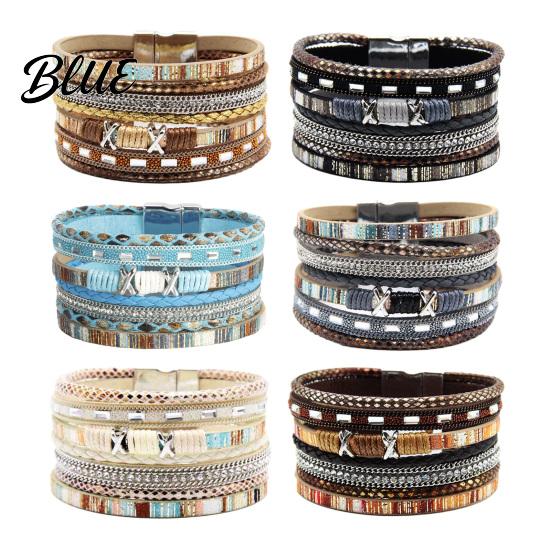 Bohemian Bracelet Braided Multi-Layered Faux Leather Rope Casual with Square