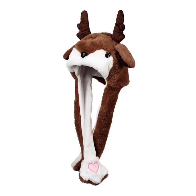 Plush Animal Hat Winter Warm Beanie with Long Ear Flaps Cute Elk with Moving Ears Christmas Gift for Teens Boys Girls