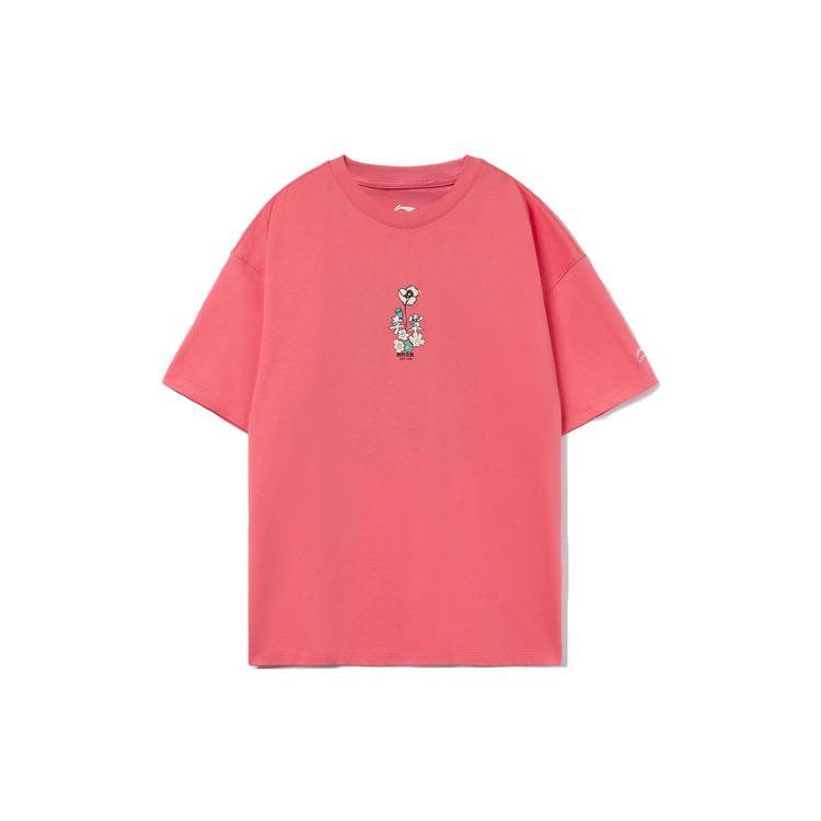 Li Ning Sports Fashion Series Floral Cartoon Print Round Neck Loose Short Sleeve T-Shirt Women Tops Tea-Rose-Red AHSR460-5