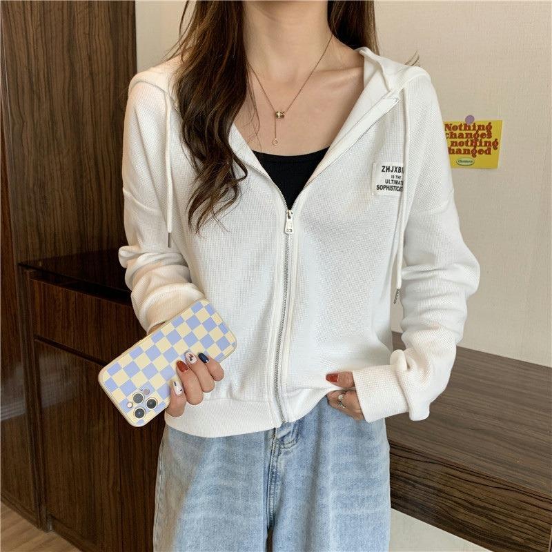 

Вафельный тонкий свитер женский новый ранний новый свободный универсальный модный брендовый худи-куртка 2XL белый