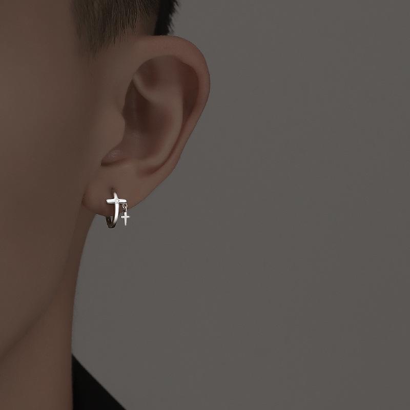 S925 Silver-Plated Double Cross Men's Stud Earrings - Trendy American Niche Design