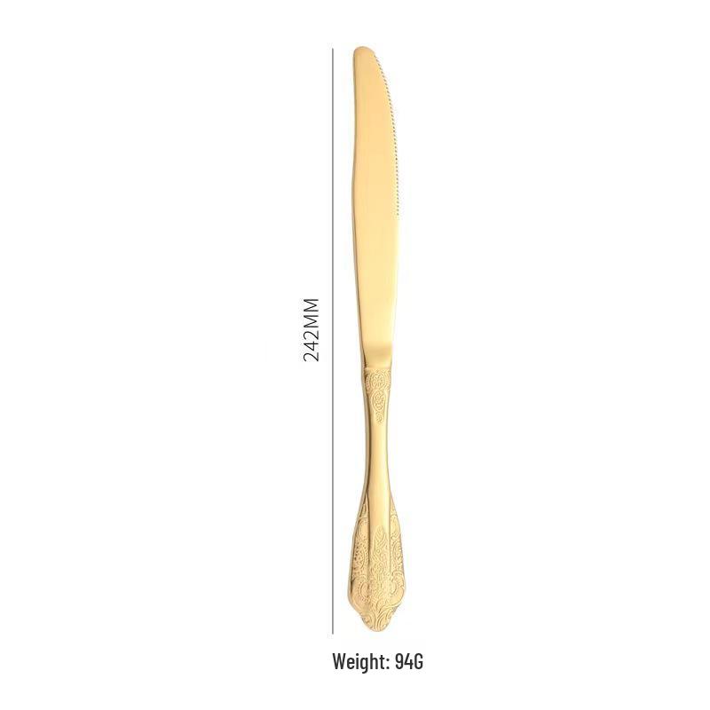 Retro Embossed 410 Stainless Steel Tableware Set: Real Gold-Plated Knife, Fork, and Spoon for Restaurants and Hotels