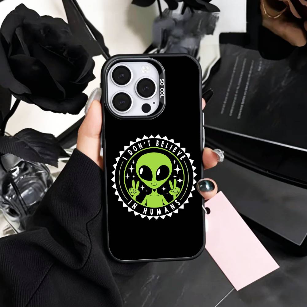 Cool C-Cartoon Alien Space   Phone Case For iPhone17,16,15,14,13,12,11 Plus,Pro Max Colored Silver Plated Inside Cover