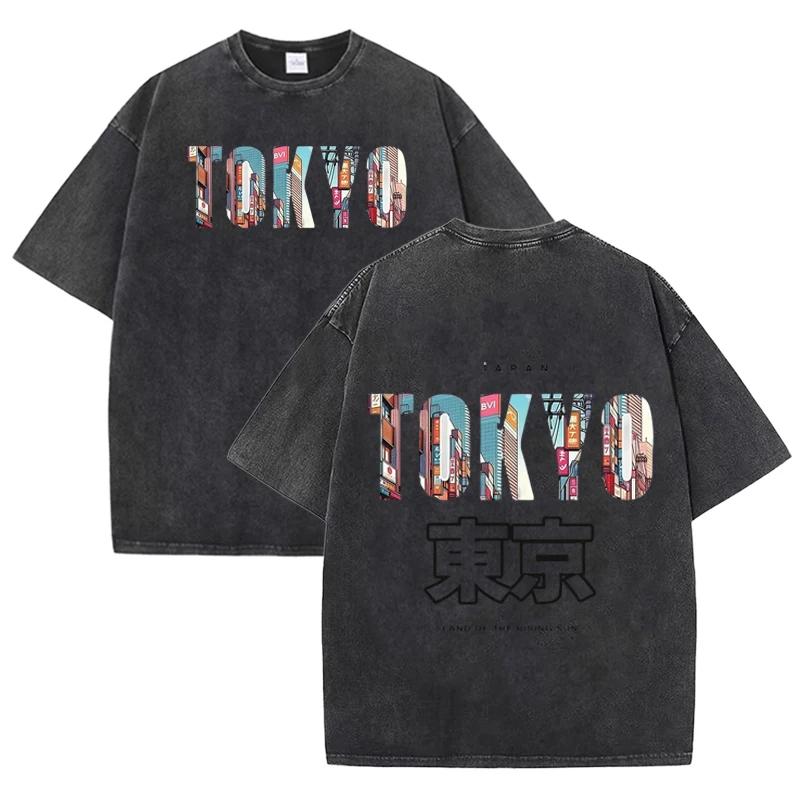 Retro Tokyo Cityscape T Shirt Men Women Casual Washed Cotton Short Sleeve Top