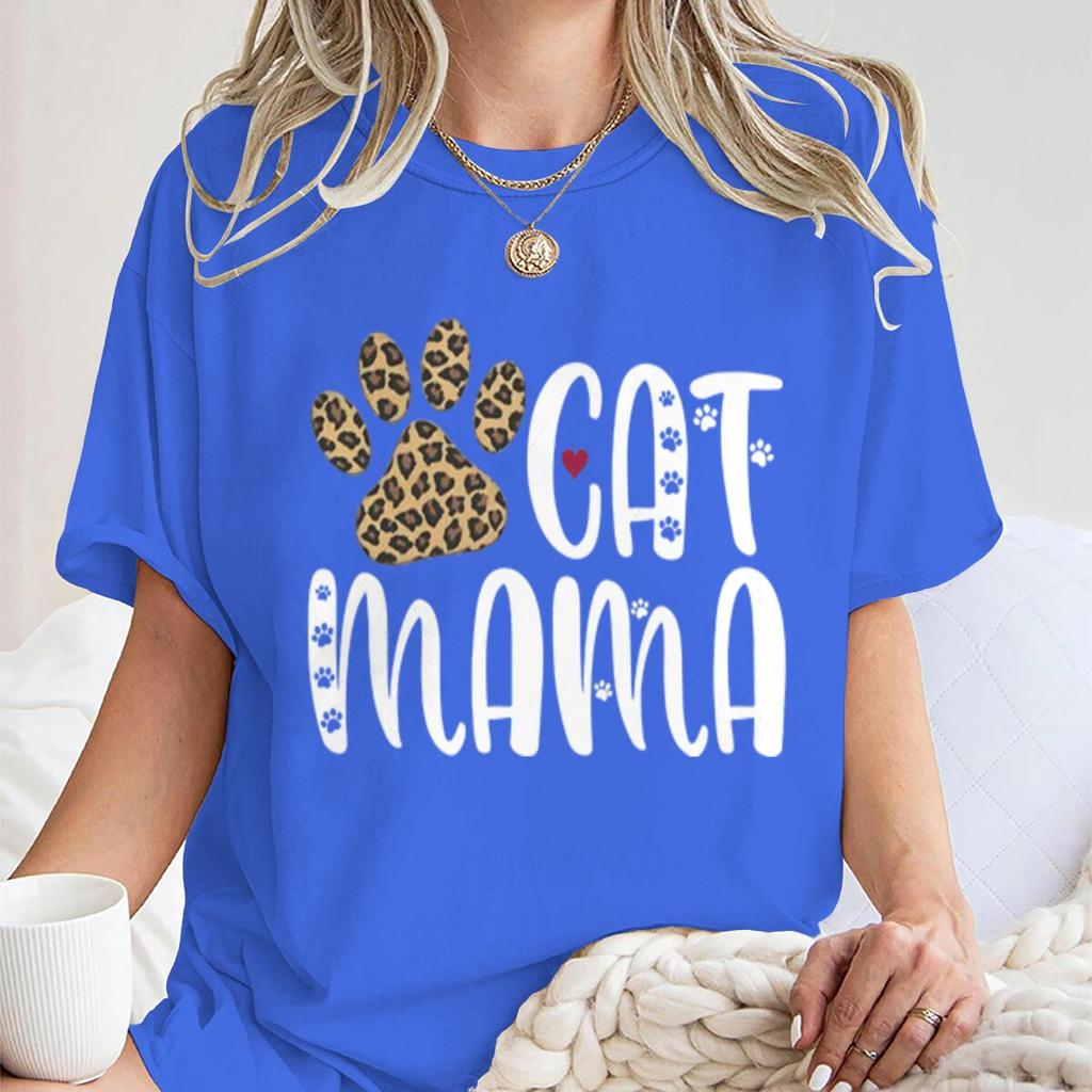 Cat Mama Vintage Cat Paw Printed T Shirts Women Casual Short Sleeve Tshirts Round Neck Tees For Animal Lover Gifts Female Tops