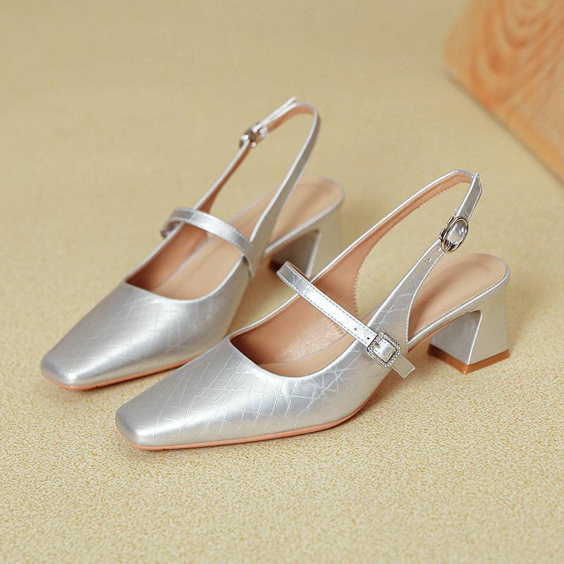 

French Mary Jane bag head sandals women s thick heel summer 2025 new silver empty single shoes with high heels 40 серебряный