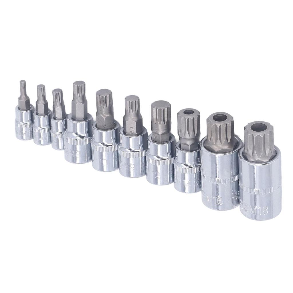 Saker Triple Square Spline Bit Socket Set of 10 with M4 To M18 Drive