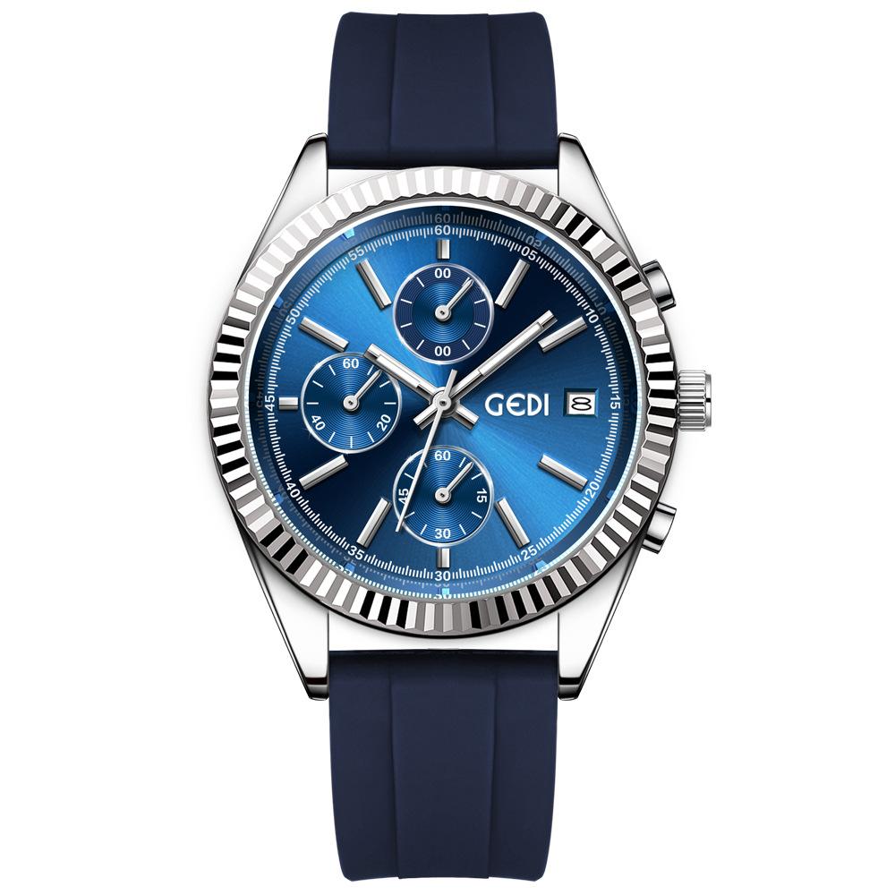 Three-eye six-pin business watch calendar high-end large dial silicone waterproof quartz watch