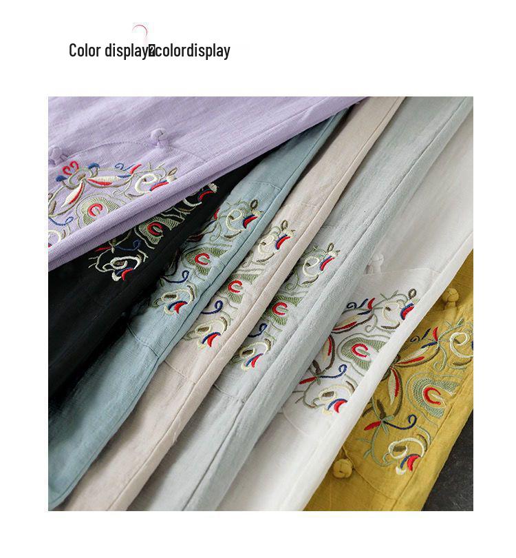 Spring/Summer Plus Size Loose Cotton Linen Embroidered Retro Wide-Leg Pants