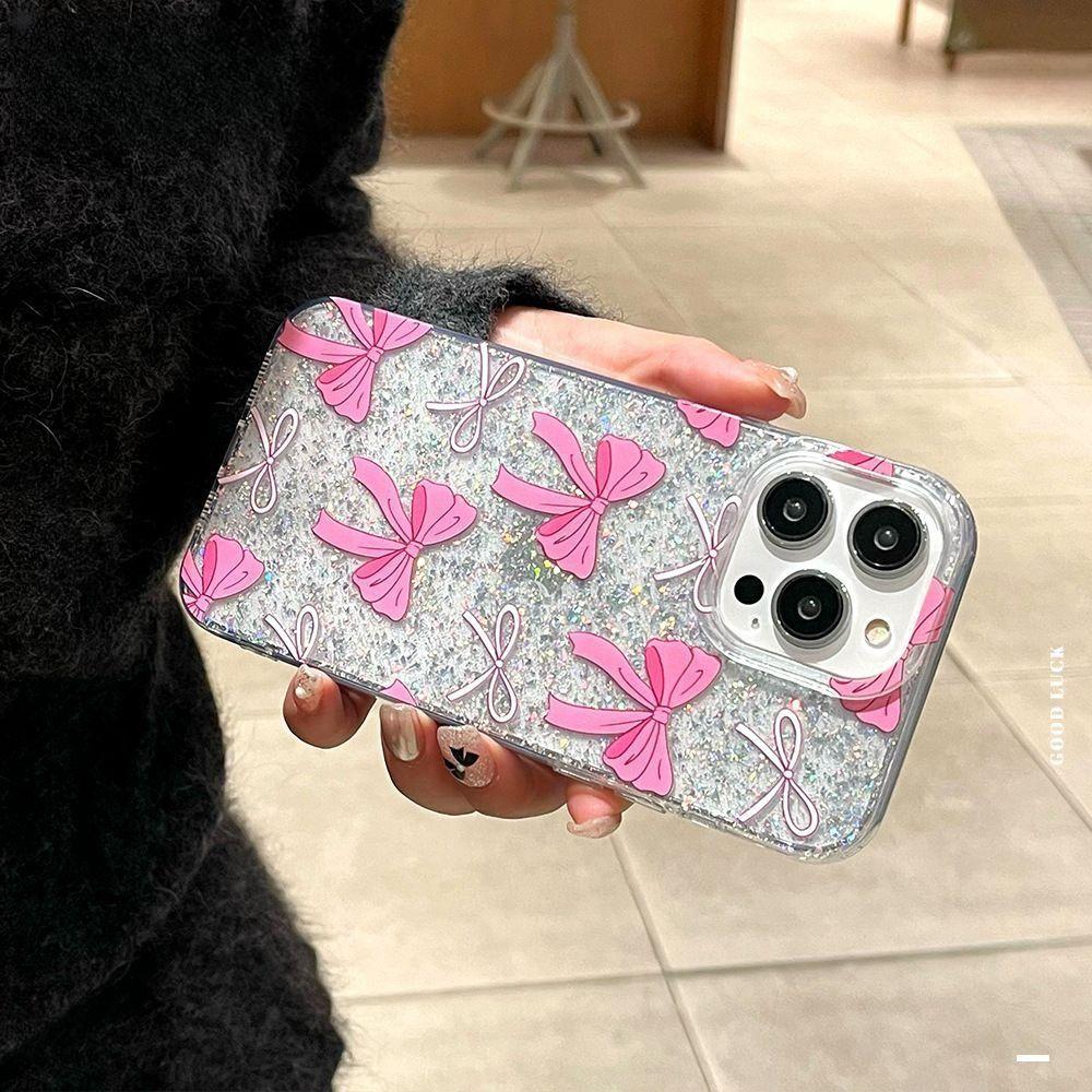 Pink bow for Apple 16 mobile phone case iPhone17promax glitter IMD15 silver foil 13/14 women