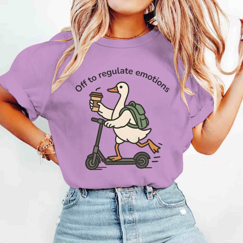 Funny Unisextal Health T Shirt Off To Regulate Emotions Cute Duck Coffee Scooter Graphic Unisex Casual Tee Shortsleeve Crewneck Tee